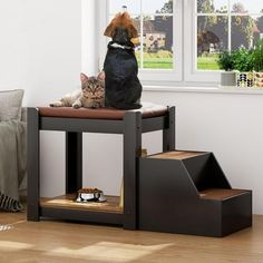 a dog and cat sitting on top of a wooden table