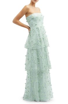 Three-dimensional details combined with tonal embroidery and glimmery sequins bring party-ready energy to this elegant gown with a tiered skirt. 55 1/2" length (size 8) Back zip closure Strapless Lined 100% polyester Hand wash, line dry Imported Aqua Wedding Guest Dress, Green Ankle Length Dress, Dramatic Wedding Guest Dress, Pastel Maid Of Honor Dresses, Green Blue Floral Dress, Lulu Dresses Wedding Guest, Seafoam Bridesmaids Dresses, Spring Evening Gown, Prom Easter Dress