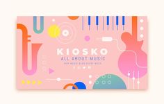 a pink business card with colorful abstract shapes and text that reads kiosko all about music