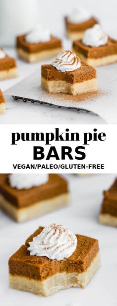 pumpkin pie bars with whipped cream on top and the title overlay reads, pumpkin pie bars vegan / pale gluten - free