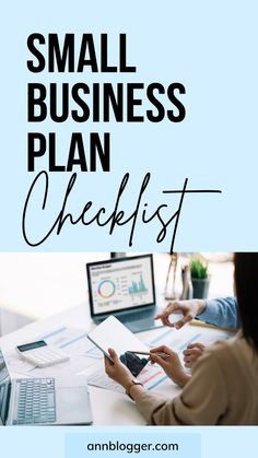 the small business plan checklist is shown with two people working on laptops and papers