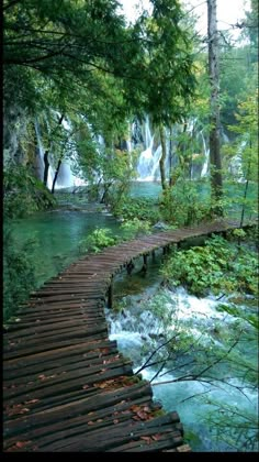 a wooden bridge over a stream in the woods