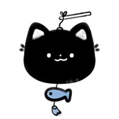 a black cat with a blue fish hanging from it's neck and eyes, in front of a white background