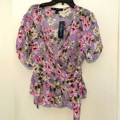 Purple Floral Balloon Sleeve Blouse. Ties Around Waist But Also Has Inside Ties To Keep The Top In Place. Has Tags Still Attached/Never Worn Due To Size Being Too Big. Purple Floral Print Tops For Brunch, Purple Short Sleeve Top For Brunch, Spring V-neck Purple Shirt, Floral Balloons, Balloon Sleeve Blouse, One Clothing, Purple Floral, Color Purple, Sleeve Blouse