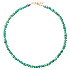 The vibrant green color brings a refreshing energy that revitalizes you. This necklace redefines sophistication, crafted to make you feel exquisitely refined and genuinely special, as if you've stepped into a timeless story where elegance and uniqueness converge. • 18" Total Length + 1.5" Adjustable Extension  • Turquoise 4mm x 6mm, Semi-precious gemstone, From India • 22K Gold Plated Sterling Silver hook, From Vietnam • 22K Gold Plated Sterling Silver Extension, From Vietnam • 22K Gold Plated S Green Chrysocolla Necklaces With Natural Stones, Green Chrysocolla Gemstone Beads Jewelry, Green Chrysocolla Round Bead Necklaces, Green Chrysocolla Round Beads Necklace, Handmade Turquoise Emerald Necklace With Round Beads, Turquoise Rondelle Beaded Gemstone Necklaces, Turquoise Emerald Necklace With Round Natural Stones, Green Amazonite Single Strand Necklace, Handmade Green Turquoise Necklace In Amazonite