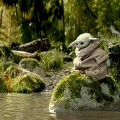 a baby yoda sitting on top of a rock in the middle of a river