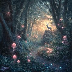 an image of a forest with mushrooms and deer