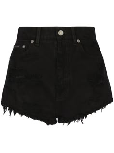 jet black cotton denim high-waisted logo plaque belt loops front button and zip fastening classic five pockets thigh-length frayed hem Dolce And Gabbana Jeans, Black Jean Shorts, Corduroy Shorts, Dr Closet, Dolce E Gabbana, Short Jeans, Denim Shorts Women, Distressed Denim Shorts, Designer Shorts