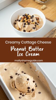 creamy cottage cheese peanut butter ice cream in a white bowl with chocolate chips on top