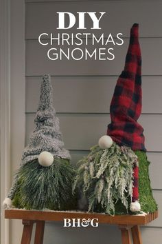 two gnomes sitting on top of a wooden table next to each other with the words diy christmas gnomes above them