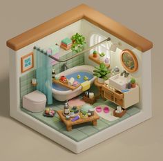 a miniature model of a bathroom in the shape of a house