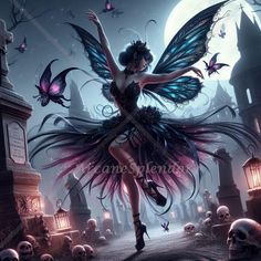 Step into a world of magic and mystery with this captivating digital art piece featuring a midnight fairy dancing with abandon under a full moon in a graveyard. Butterflies flutter and dance around her, adding a touch of whimsy to the eerie scene filled with skulls and gravestones. Perfect for lovers of fantasy, Fairies, Halloween decor, and mystical art, this unique illustration brings an enchanting and otherworldly atmosphere to any space. Download and print this high-resolution artwork to add a touch of ethereal beauty to your home or office. What's Included: * 1 Image, 300dpi, 6000px x 6000px, JPG files * THIS IS A DIGITAL PRODUCT ONLY, NO PHYSICAL PRODUCT INCLUDED. * The file will be able to be downloaded directly from Etsy upon completed purchase. * This image can be used commerciall Fairies Halloween, Fairy Dancing, Fairy Dance, Fantasy Fairies, Moon Stars Art, Fairies Dancing, Fairy Art Dolls, Amy Brown, Gothic Fairy