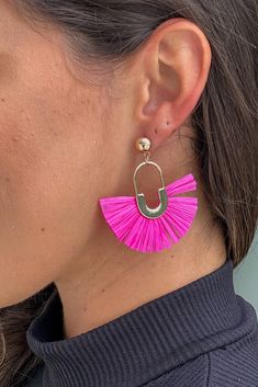 fuchsia fan shape raffia straw earrings Pink Tassel Earrings For Pierced Ears For Party, Pink Tassel Earrings For Party, Pink Earrings For Beach, Trendy Pink Tassel Earrings For Party, Pink Dangle Tassel Earrings For Spring, Pink Tassel Earrings For Summer Party, Trendy Pink Dangle Tassel Earrings, Chic Pink Earrings For Summer, Summer Party Pink Tassel Earrings