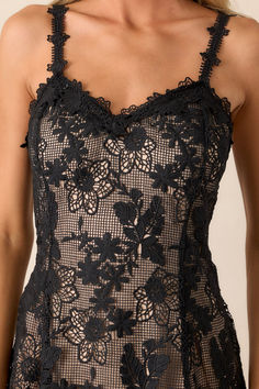 Get ready for a flirty and feminine look with our Graceful Bloom Black Lace High Low Dress. This playful and sophisticated dress features delicate lace detailing and a flowy high low hem. Perfect for a day out or a special occasion. Don't miss out, add it to your wardrobe today! This black dress features a v-neckline, thin adjustable straps, a functional zipper down the back, a embroidered lace overlay, and a high-low hemline. 100% Polyester Hand Wash Cold Lined 100% Polyester Manufactured in China Designed in the USA Model is wearing a size small Model is 5'8" Black Hi Low Dress, Lace High Low Dress, Hi Low Dress, Halter Bridesmaid Dress, Preppy Girls, Rush Dresses, Knitted Lace, Hi Low Dresses, Sophisticated Dress