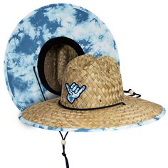 Shaka Kai | Mens Straw Lifeguard Hat With Adjustable Drawstrings | Mavericks Adjustable Curved Brim Sun Hat For Poolside, Adjustable Flat Brim Sun Hat For Poolside, Adjustable Panama Hat For Poolside And Beach Season, Adjustable Upf 50+ Hats For Poolside, Adjustable Coastal Straw Hat Made Of Toquilla, Blue Straw Hat For Beach Season, Blue Straw Hat For Beach Vacation, Blue Straw Sun Hat For Beach Season, Blue Woven Straw Hat For Beach