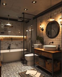 a bathroom with two sinks, a toilet and a bathtub