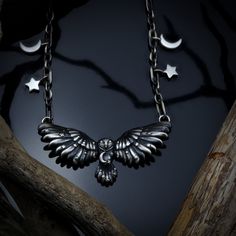 "Welcome to the mystical world of enchantment, where this stunning Celestial Owl necklace will transport you to a magical forest full of wonder and beauty. This unique necklace is handmade with love in one person's workshop, using only the finest sterling silver. The centerpiece of this necklace is a beautiful owl, adorned with delicate moon and star decorations that create a magical celestial effect. The intricate design of the owl is carefully crafted, showcasing the attention to detail and expertise of the maker. The dimension of the celestial Owl pendant: --------------------------- *Height around - 24 mm (0.95\") *Width around - 56 mm (2.2\") --------------------------- The weight of this barn Owl with an 18\" chain is around - 30 grams. . The witchy pendant necklace will be legally h Mystical Clavicle Chain Jewelry As Gift, Mystical Clavicle Chain Jewelry For Gift, Magical Handmade Pendant Jewelry, Handmade Celestial Pendant Necklace, Celestial Sterling Silver Necklace With Adjustable Chain, Sterling Silver Symbolic Pendant Necklace, Symbolic Sterling Silver Pendant Necklace, Celestial Metal Pendant Necklace, Mystical Pendant Necklace With Adjustable Chain