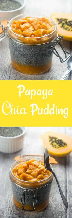 papaya chila pudding in a glass bowl with spoons