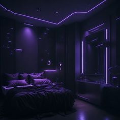 a bed in a dark room with purple lighting