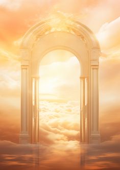 an arch in the sky with clouds and sun shining through it's opening door