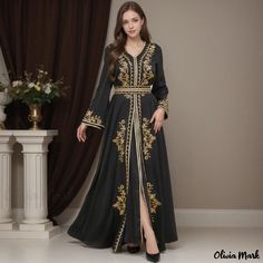 Olivia Mark - Split Long Sleeve Maxi Dress Set with Embroidered Detail - Two-Piece Ensemble Elegant Long Sleeve Kaftan With Multicolor Embroidery, Fitted Long Sleeve Kaftan With Floral Embroidery, Elegant Long Sleeve Dress With Multicolor Embroidery, Fitted Long Sleeve Kaftan With Gold Embroidery, Fitted Long Sleeve Dress With Gold Embroidery, Festive Long Sleeve Dress With Gold Embroidery, Festive Long Sleeve Embroidered Dress With Gold Embroidery, Fitted Long Sleeve Embroidered Kaftan, Long Sleeve Dresses With Resham Embroidery