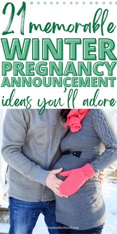 pregnant woman and husband in winter coats and gloves announcing pregnancy Snow Baby Announcement, 2nd Child Announcement, January Pregnancy Announcement, Third Baby Announcements