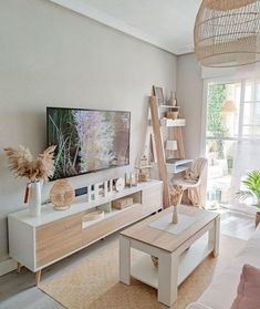 a living room filled with furniture and a flat screen tv on top of a wooden stand