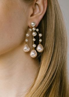 Dara Earrings | Over The Moon Round Pearl Earrings, Pearl Bride, Luxury Hair Accessories, Jennifer Behr, Hoop Earring Sets, Gold Chandelier, Luxury Hair, Baroque Fashion, Bridal Fashion