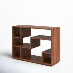 a wooden shelf with three shelves on each side