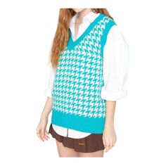 Callahan Knitwear Women's Size Small V Neck Sweater Vest Blue Houndstooth Nwt Size Small New With Tags Ships Fast Ships From A Smoke Free And Pet Friendly Home P To P 20 L 24 Poetry Club, V Neck Sweater Vest, Skirt Matching Set, Skirt Mini, Clueless, Always Happy, S Crew, Set Women, Blue Turquoise