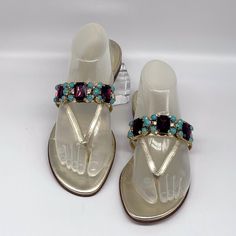 Metallic Light Gold Leather Flip Flop Sandals, Features Luxury Faux Gemstones And Rhinestones Ornaments. Leather Sole. Size 39 Italy, Us 8. Made In Italy. Excellent Condition Elegant Single Toe Strap Flip Flops For Vacation, Elegant Embellished Toe Post Sandals, Elegant Jeweled Sandals For Summer, Elegant Jeweled Summer Sandals, Elegant T-strap Sandals With Single Toe Strap For Vacation, Elegant T-strap Sandals With Flat Heel For Vacation, Elegant Stone Embellished Sandals For Summer, Elegant Embellished Sandals For Vacation, Designer Rhinestone Sandals For Summer