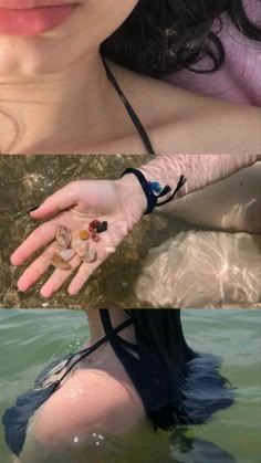 a woman with her hands in the water holding some rocks and shells on her left hand