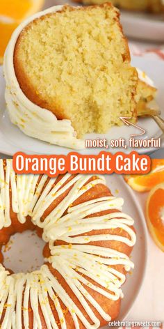 an orange bundt cake with white icing on a plate next to the bundt cake