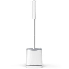 a white toilet brush and holder on a white background