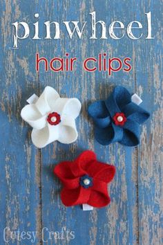 three flower hair clips with the words pinwheel on it and two red, white and blue flowers