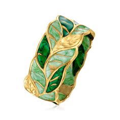 Ross-Simons - Italian Green Enamel Leaf Ring in 14kt Yellow Gold. Size 8. A perfect ring for the nature enthusiast! Light and dark green enamel leaves shine in textured and polished 14kt yellow gold. 3/8" wide. Green enamel leaf ring. Green Wedding Rings, Art Nouveau Ring, Nature Enthusiast, Lace Bracelet, Fine Jewelery, Daisy Necklace, Natural Gold, Leaf Ring, Oval Pendant