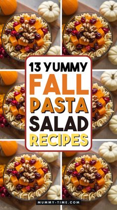 several pictures of pasta salad with pumpkins and cranberries