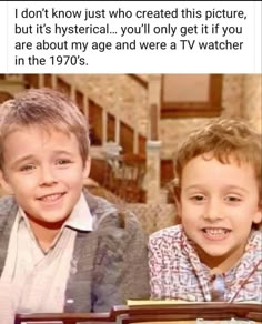 two young boys sitting next to each other in front of a tv set with the caption'i don't know just who created this picture, but it is