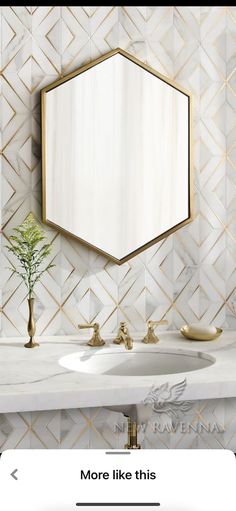 a bathroom sink with a mirror above it and a plant on the counter next to it