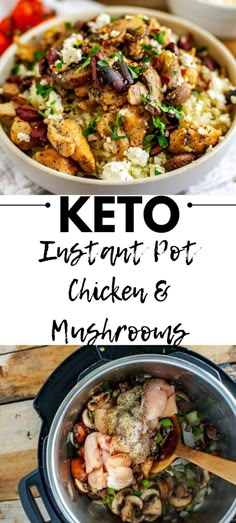 keto instant pot chicken and mushrooms in the crockpot with text overlay