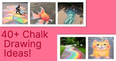 a collage of photos with the words 40 chalk drawing ideas on it and an image of a cat