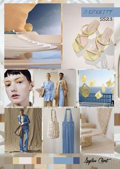 a collage of photos with people in blue and yellow clothing, shoes, and accessories