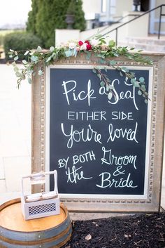 large framed chalkboard sign with wedding ceremony pick a seat not a side Large Framed Chalkboard, Ceremony Sign, Pick A Seat, Ceremony Signs, Framed Chalkboard, Chalkboard Sign