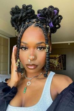 Twist Braids With Beads And Petal Space Buns Loc Styles For Girls Locks, Medium Size Loc Styles Women, Locs With Weave Black Women, Pretty Loc Styles For Short Locs, Women Loc Styles Hairstyles Short, Two Loc Petal Buns, Locs Hairstyles Without Retwist, Loc Styles For Big Foreheads, Woman Locs Style