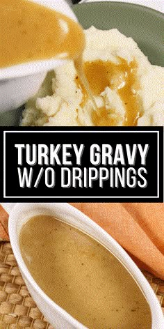 a plate with mashed potatoes and gravy next to a bowl of gravy