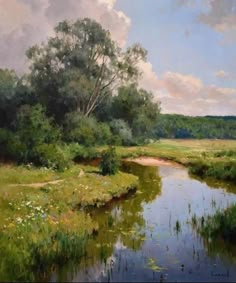 a painting of a river running through a lush green field