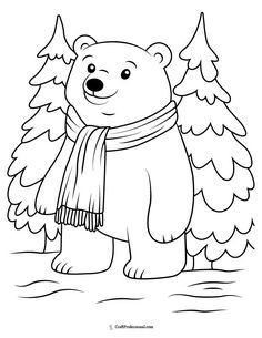 a polar bear with a scarf around his neck and trees in the background coloring page