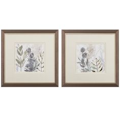 two framed pictures with flowers and leaves on the same wall, one in brown frame