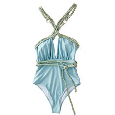 Light Blue Deep V-Cross One-Piece Swimsuit Cross-tied Strappy Swimwear For Sunbathing, Cross-tied Triangle Top Swimwear For Beach, Backless Swimwear With Crisscross Straps For Beach Season, Vacation Triangle Top Swimwear With Cross-tied Details, V-neck Swimwear With Crisscross Straps For Summer, Vacation Triangle Top Cross-tied Swimwear, Beachwear Swimwear With Wrap-around Straps, Light Blue V-neck Swimwear For Summer, Backless Swimwear With Crisscross Straps For Vacation