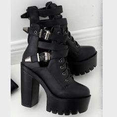 Black Chunky Platform Hip Lace Up Boots. No Box. Punk Black Platform Boots For Fall, Punk Style Black High Ankle Combat Boots, Black Punk High Ankle Combat Boots, Edgy Chunky High Heel Platform Boots, Black High Ankle Punk Combat Boots, Black High Ankle Platform Boots, Black High Ankle Platform Punk Boots, Black High Ankle Platform Boots Punk Style, Black Knee-high Platform Moto Boots